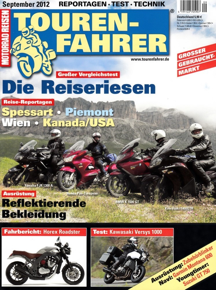 Titelbild: Tourenfahrer 9/2012 – BMW K 1600 GT vs. Pan European vs. GTR vs. FJR 1300