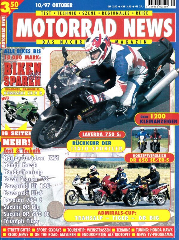 MOTORRAD NEWS 10/1997 – Honda XL 600 V Transalp mit 37 kW (50 PS) im Vergleichstest; Triumph Tiger 900 mit 62,5 kW (85 PS) im Vergleichstest; Suzuki DR Big 800 S mit 37 kW (50 PS) im Vergleichstest