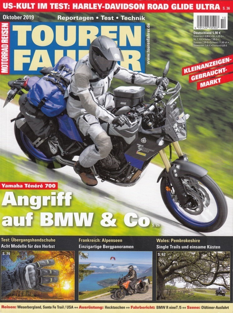 TOURENFAHRER 10/2019 – Yamaha Ténéré 700 mit 54 kW (73 PS) Test & Technik, Harley-Davidson Road Glide Ultra mit 66 kW (90 PS) Test & Technik