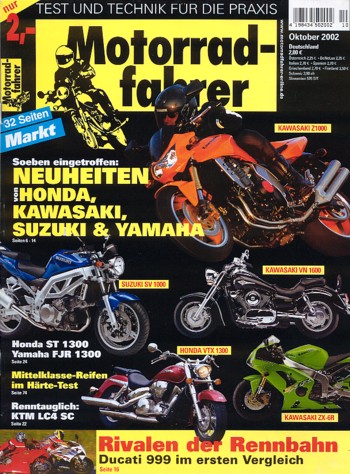 Motorradfahrer 10/2002 – Ducati 999; Honda VTR 1000 SP-2; KTM LC4 625 Super Competition; Honda ST 1300 Pan European