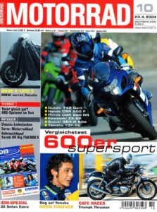 Titelseite: MOTORRAD 10/2004 – Top-Test Hyosung 650 Naked; Test Triumph Thruxton 900