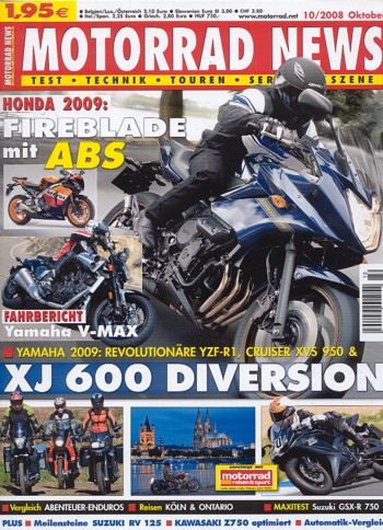 MOTORRAD NEWS 10/2008 – BMW F 800 GS mit 63 kW (85 PS) im Vergleichstest; Yamaha Vmax mit 147,2 kW (200 PS) Test & Technik; Motorrad Intermot-Tour rund um Köln