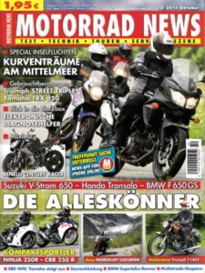 Titelseite: MOTORRAD NEWS 10/2011 – BMW F 650 GS mit 52 kW (71 PS) im Vergleichstest; Honda Transalp mit 44,1 kW (60 PS) im Vergleichstest; Suzuki V-Strom 650 mit 51 kW (69 PS) im Vergleichstest