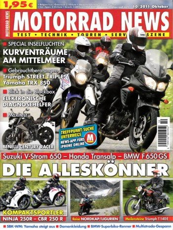 MOTORRAD NEWS 10/2011 – BMW F 650 GS mit 52 kW (71 PS) im Vergleichstest; Honda Transalp mit 44,1 kW (60 PS) im Vergleichstest; Suzuki V-Strom 650 mit 51 kW (69 PS) im Vergleichstest