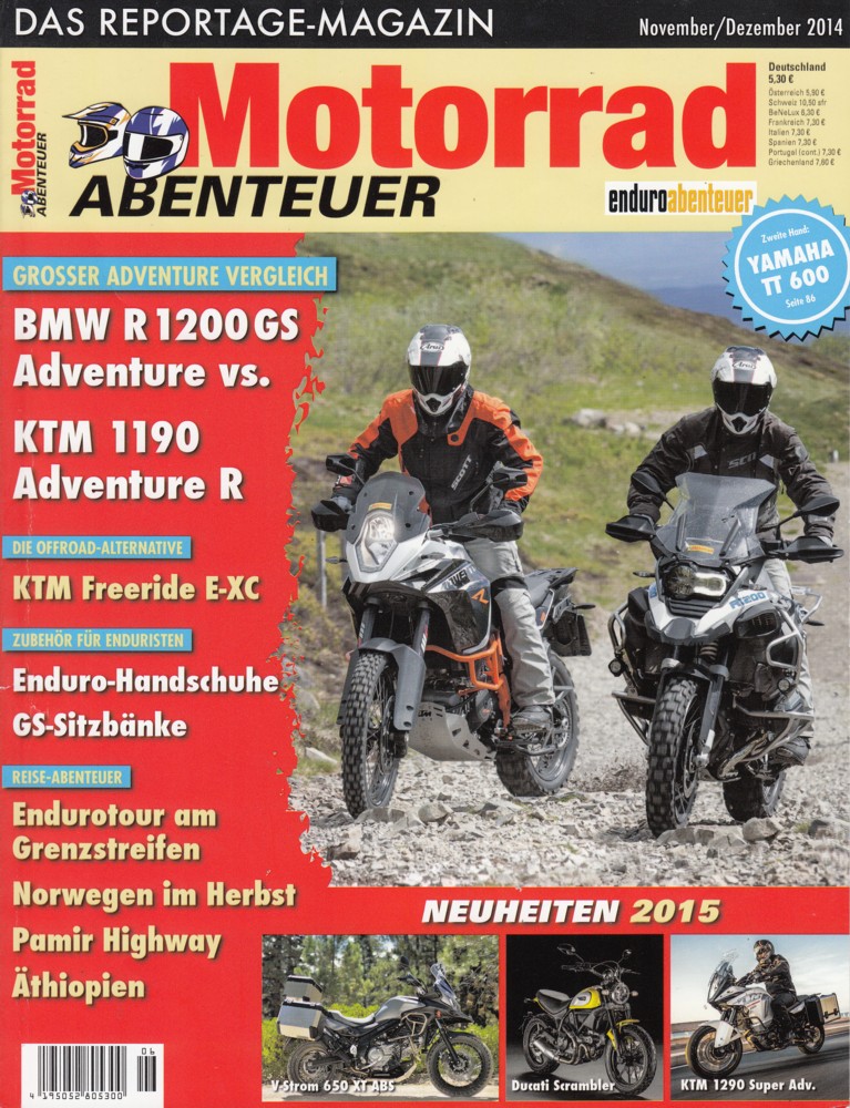 Titelbild: Motorrad Abenteuer 11/12 2014 – BMW R 1200 GS Adventure vs. KTM 1190 Adventure R