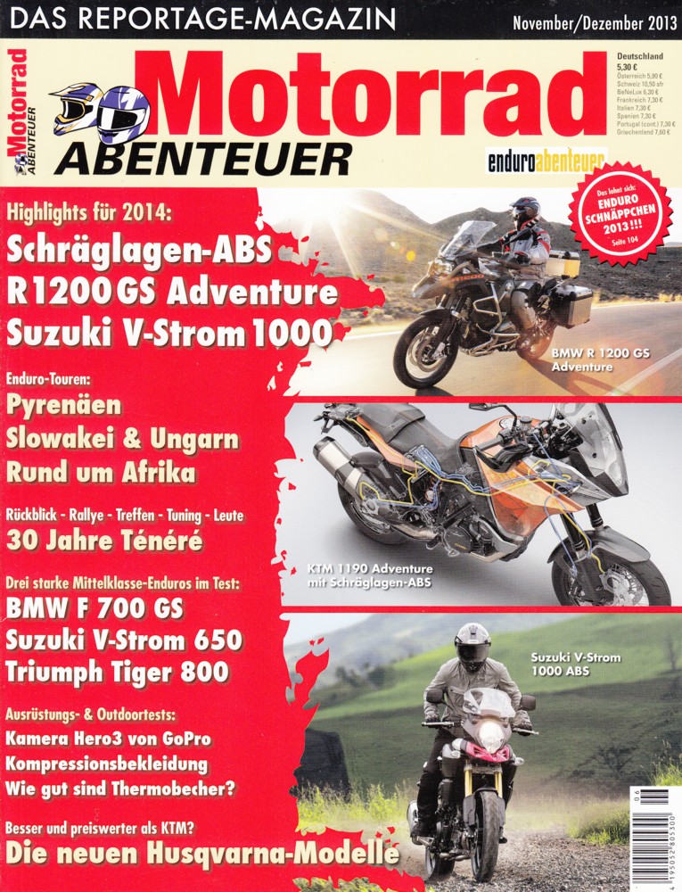 Titelbild: Motorrad Abenteuer 11/12 2013 – BMW F 700 GS vs. Suzuki V-Strom 650 vs. Triumph Tiger 800
