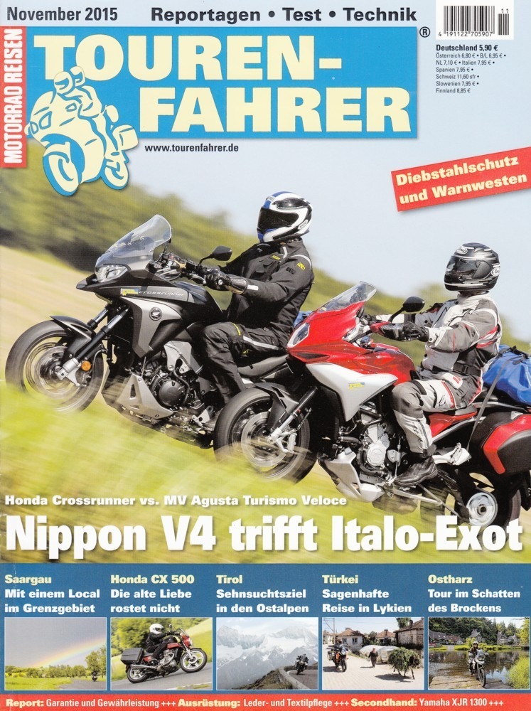 Titelbild: TOURENFAHRER 11/2015 – Honda Crossrunner vs. MV Agusta Turismo Veloce 800