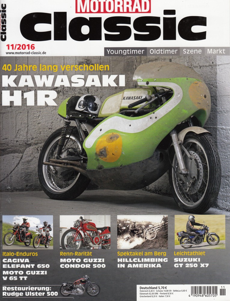 Titelbild: MOTORRAD CLASSIC 11/2016 – Kawasaki H1R; Cagiva Elefant 650; Moto Guzzi V 65 II