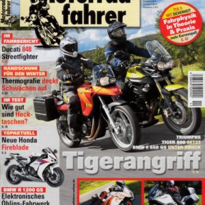 Motorradfahrer 11/2011 – Ducati Streetfighter 848 mit 97 kw (132 PS) im Test; BMW R 1200 GS, hier mit dem Öhlins-Fahrwerk