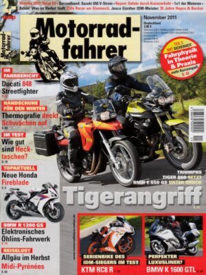 Motorradfahrer 11/2011 – Ducati Streetfighter 848 mit 97 kw (132 PS) im Test; BMW R 1200 GS, hier mit dem Öhlins-Fahrwerk