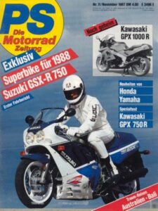 Titelseite: PS 11/1987 – Kawasaki GPX 750 R mit 74 kW (100 PS) im Spezialtest, Bimota YB6 mit 103 kW (140 PS) im Test