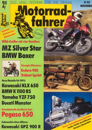 Motorradfahrer 11/1992 – Test Aprilia Pegaso 650; Test Buell RSS 1200; Opel Motoclub : Motorrad Oldtimer; Kawasaki GPZ 900 R, aus 2. Hand kaufen