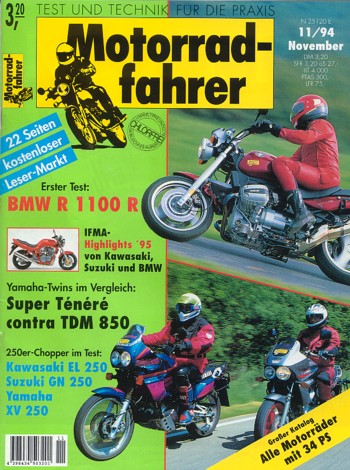 Motorradfahrer 11/1994 – Kawasaki EL 250; Suzuki GN 250; Yamaha XV 250 Virago; Test BMW R 1100 R