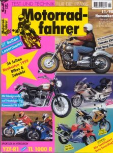 Titelseite: Motorradfahrer 11/1998 – TL 1000 R vs. YZF-R1, XVS 1100 Drag Star