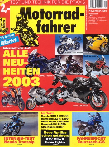 Motorradfahrer Heft 11/2002 – Honda CBR 1100 XX vs. Kawasaki ZZ-R 1200, Aprilia Tuono Fighter