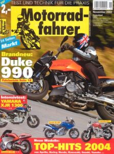 Titelseite: Motorradfahrer Heft 11/2003 – KTM 990 Super Duke, Aprilia Pegaso vs. BMW F 650 GS Dakar, Yamaha XJR 1300