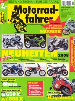 Motorradfahrer 11/2007 – Suzuki Hayabusa 1300 mit 145 kW (197 PS) Test & Technik; Aprilia NA 850 Mana mit 56 kW (76,1 PS) Test & Technik