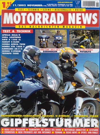 MOTORRAD NEWS 11/2002 – Buell XB9S Lightning mit 62 kW (84 PS) Test & Technik; Aprilia RSV Mille mit 96 kW (130 PS) Modell 2003; BMW R 1200 CL mit 45 kW (61 PS) im Vergleichstest