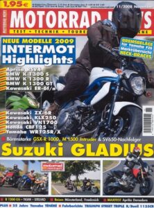 Titelseite: MOTORRAD NEWS 11/2008 – Yamaha Ténéré, 25 Jahre Modellgeschichte; Motorrad Tages-/Wochenendtour im Münsterland; Motorrad Tagestrip im Südlichen Sachsen-Anhalt
