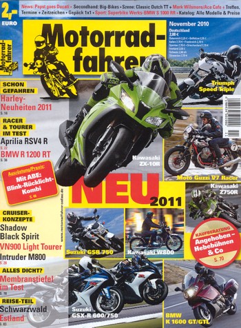 Motorradfahrer 11/2010 – Harley-Davidson XL 883 SuperLow mit 39 kW (53 PS) Test & Technik; Aprilia RSV4 R mit 132 kW (180 PS) Test & Technik