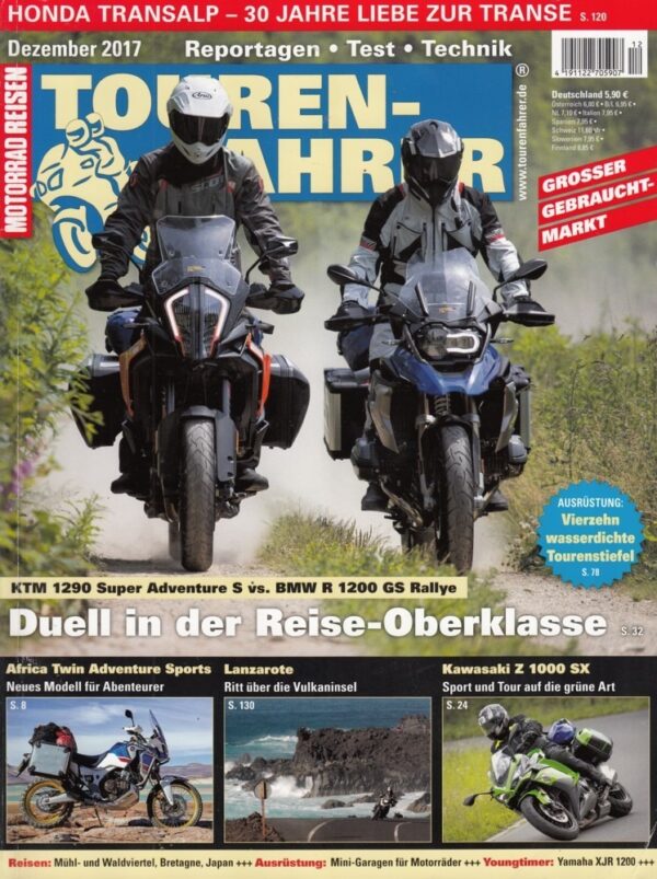 TOURENFAHRER 12/2017 – BMW R 1200 GS Rallye mit 92 kW (125 PS) im Vergleichstest, Kawasaki Z 1000 SX mit 104,5 kW (142 PS) Test & Technik