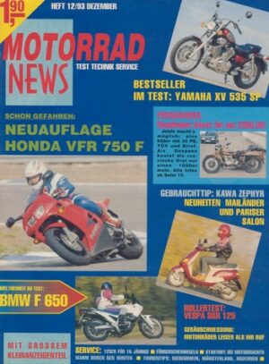 MOTORRAD NEWS 12/1993 – BMW F 650 mit 35 kW (48 PS) Test & Technik; Yamaha XV 535 SP mit 34 kW (46 PS) Test & Technik