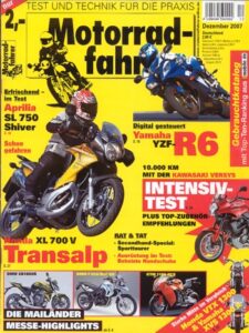 Titelseite: Motorradfahrer 12/2007 – Kawasaki Versys Intensivtest, Aprilia SL 750 Shiver