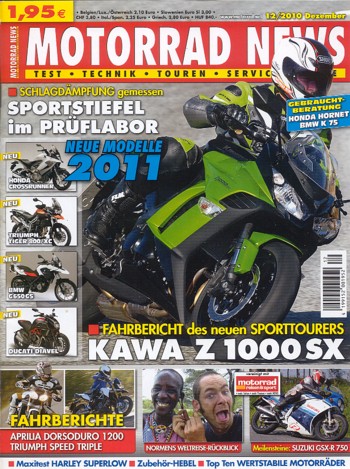 MOTORRAD NEWS 12/2010 – Kawasaki Z 1000 SX mit 101 kW (138 PS) Test & Technik; Triumph Speed Triple mit 99 kW (135 PS) Test & Technik; Aprilia Dorsoduro 1200 mit 96 kW (130 PS) Test & Technik