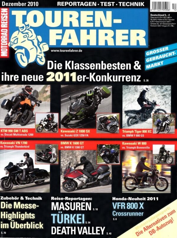 TOURENFAHRER 12/2010 – Triumph Speed Triple mit 99 kW (135 PS) Test & Technik, BMW K 1300 GT mit 118 kW (160 PS) im Vergleichstest