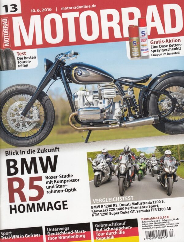 MOTORRAD 13/2016 – BMW R5 Hommage, Vergleichstest RS/Multistrada/ZZR/Super Duke GT/FJR