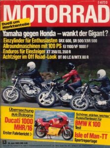 Titelseite: MOTORRAD 13/1985 – Vwergleich Yamaha SR 500 vs. Honda XBR 500 vs. Yamaha SRX 600