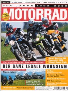 Titelseite: MOTORRAD 13/2003 – Ducati Monster S4R vs. Kawasaki Z 1000 vs. Triumph Speed Triple