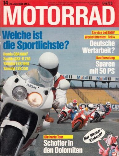MOTORRAD 14/1988 – Yamaha TZR 250; Honda CBR 600 F; Suzuki GSX-R 750; Yamaha FZR 1000 Genesis
