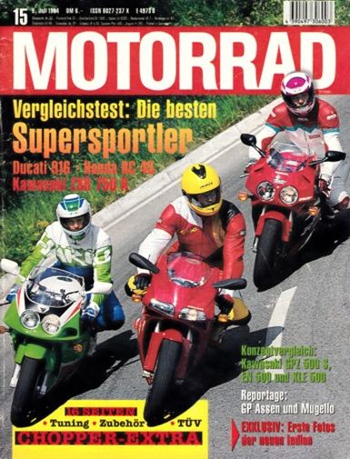 MOTORRAD 15/1994 – Honda RVF 750 (RC 45); Ducati 916 Strada; Kawasaki ZXR 750 R; Kawasaki GPZ 500 S
