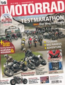 Titelseite: MOTORRAD 16/2018 – Alpen Masters Teil 2, BMW R nineT Scrambler, Ducati Scrambler 1100