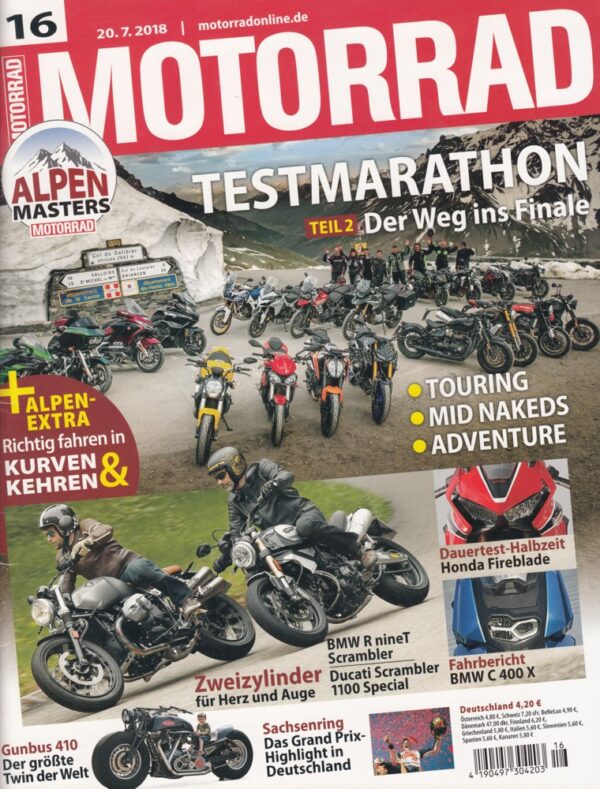 MOTORRAD 16/2018 – Alpen Masters Teil 2, BMW R nineT Scrambler, Ducati Scrambler 1100