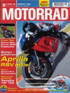 Titelseite: MOTORRAD 16/1998 – Test Aprilia RSV Mille; Test Suzuki GSX 1200 Inazuma