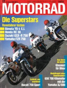 Titelseite: MOTORRAD 17/1988 – Bimota YB4 E.I.; Honda VFR 750 R; Suzuki GSX-R 750; Yamaha FZR 750 R