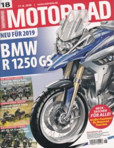 Titelseite: MOTORRAD 18/2018 – BMW R 1250 GS, Triumph Speed Triple, Yamaha MT-09