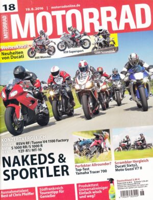 MOTORRAD 18/2016 – Ducati Neuheiten exklusiv, Nakeds & Sportler Vergleich, Top-Test Yamaha Tracer 700
