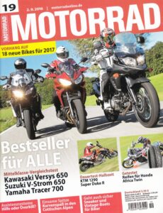 Titelseite: MOTORRAD 19/2016 – Bestseller Mittelklasse Vergleich: Kawasaki Versys 650 vs. Suzuki V-Strom 650 vs. Yamaha Tracer 700