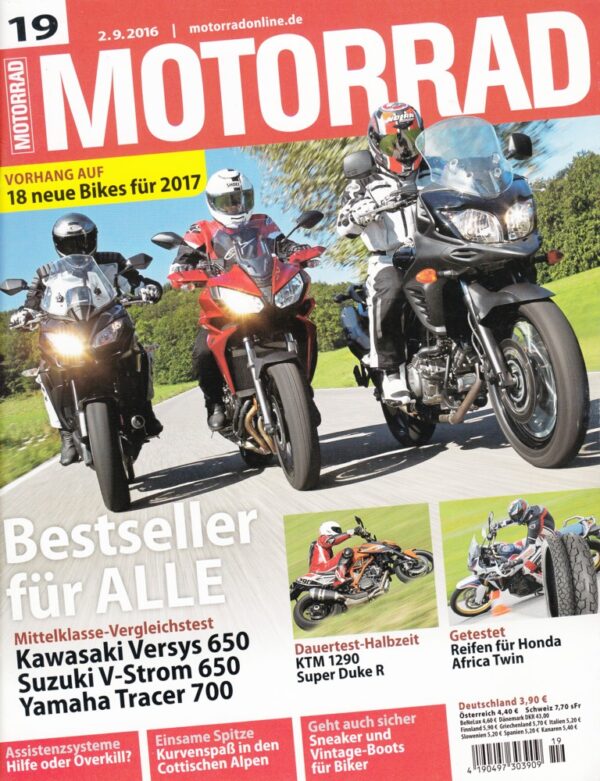 MOTORRAD 19/2016 – Bestseller Mittelklasse Vergleich: Kawasaki Versys 650 vs. Suzuki V-Strom 650 vs. Yamaha Tracer 700