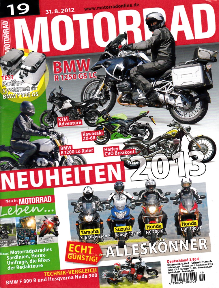 Titelbild: MOTORRAD 19/2012 – Gebrauchtkauf Harley-Davidson Street Glide; Koffersysteme für BMW F 800 GS