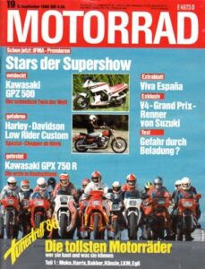 Titelseite: MOTORRAD 19/1986 – Test Kawasaki GPX 750 R; Harley-Davidson Low Rider Custom
