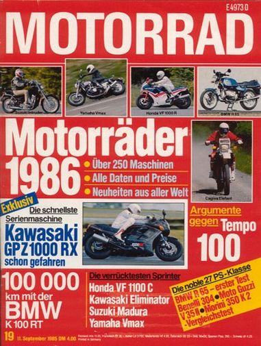 MOTORRAD 19/1985 – Test Kawasaki GPZ 1000 RX mit 92 kW (125 PS) im Test; Test BMW R 65 mit 20 kW (27 PS) Test & Technik