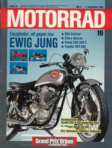 MOTORRAD 19/1989 – Vergleich BSA DBD 34 GS; Vergleich Gilera Saturno; Vergleich Honda XBR 500 S; Vergleich Yamaha SRX 600