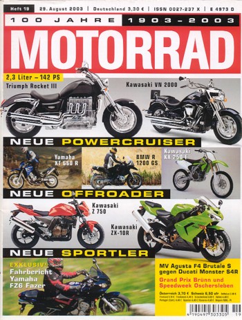 Titelbild: MOTORRAD 19/2003 – Vergleich MV Agusta F4 Brutale S vs. Ducati Monster S4R