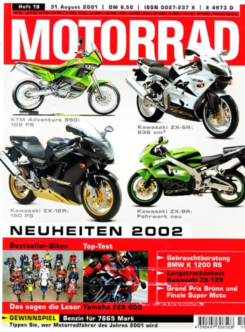 MOTORRAD 19/2001 – Test Kawasaki ZX-12 R Ninja; Test Yamaha FZS 600 Fazer; Harley-Davidson Dyna Super Glide Sport; Honda VTX 1800