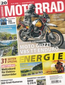 Titelseite: MOTORRAD 20/2018 – Moto Guzzi V85 TT Enduro, BMW S 1000 RR, Triumph Bonneville