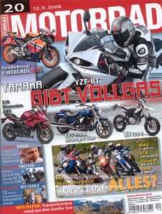 Titelseite: MOTORRAD 20/2008 – Suzuki GSX-R 750 vs. Honda VFR 750 R vs. Yamaha FZR 750